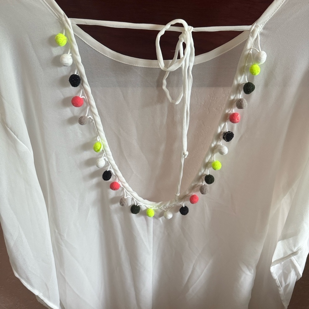 White Sheer Poncho with Colorful Pom Poms Swimwear Coverup Boho Beach Dress. - Picture 2 of 4